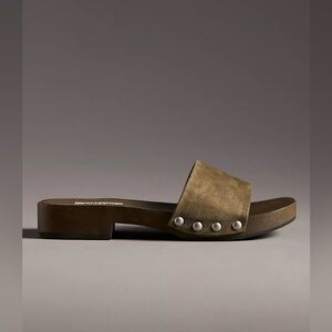 Anthropologie Bibi Lou Wood-Bottom Slides in Khaki Green size 8, NEW in box